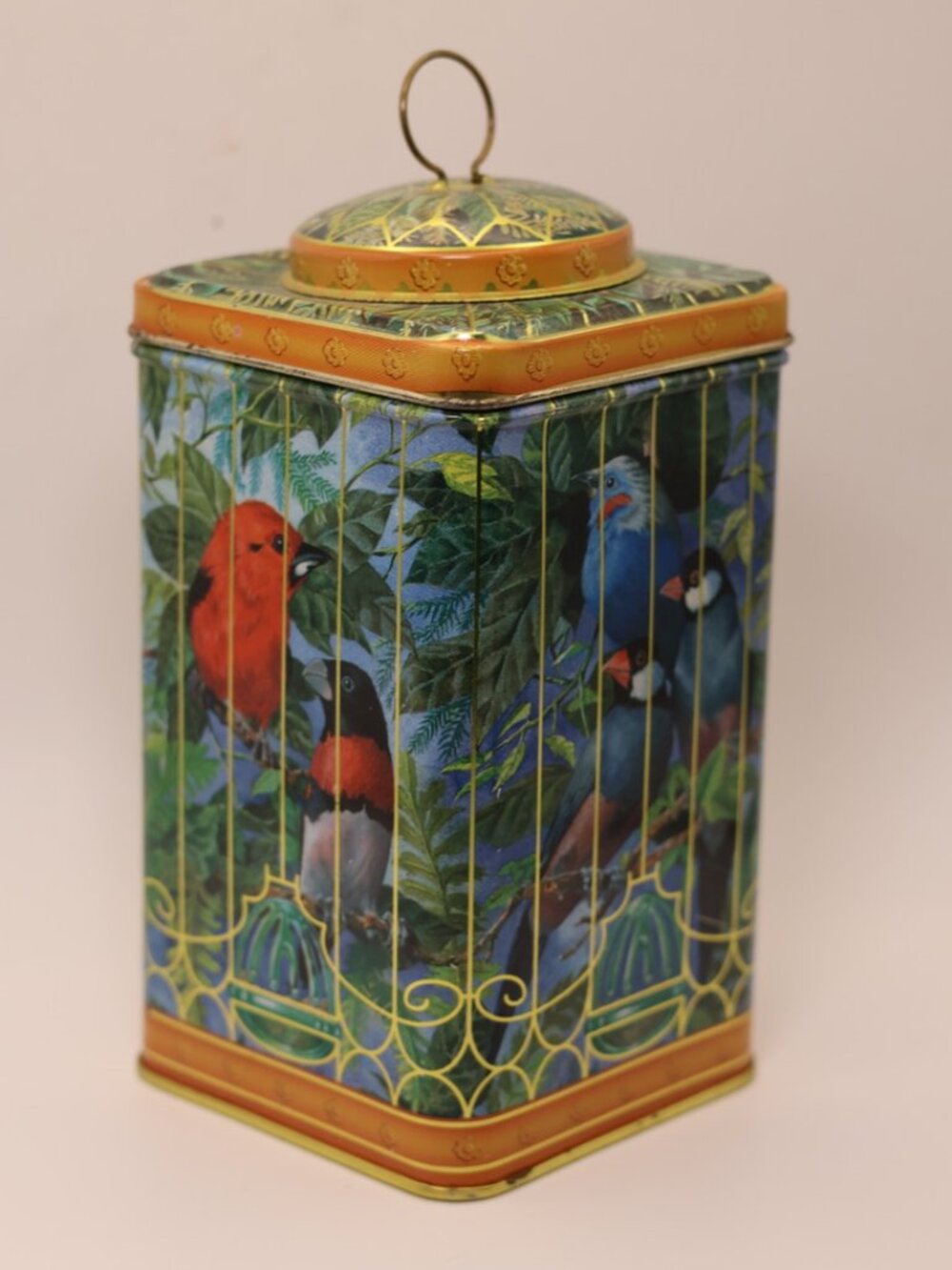 Vintage Bird Tin Container with Caged Design | Antique Style Metal Box for Stora